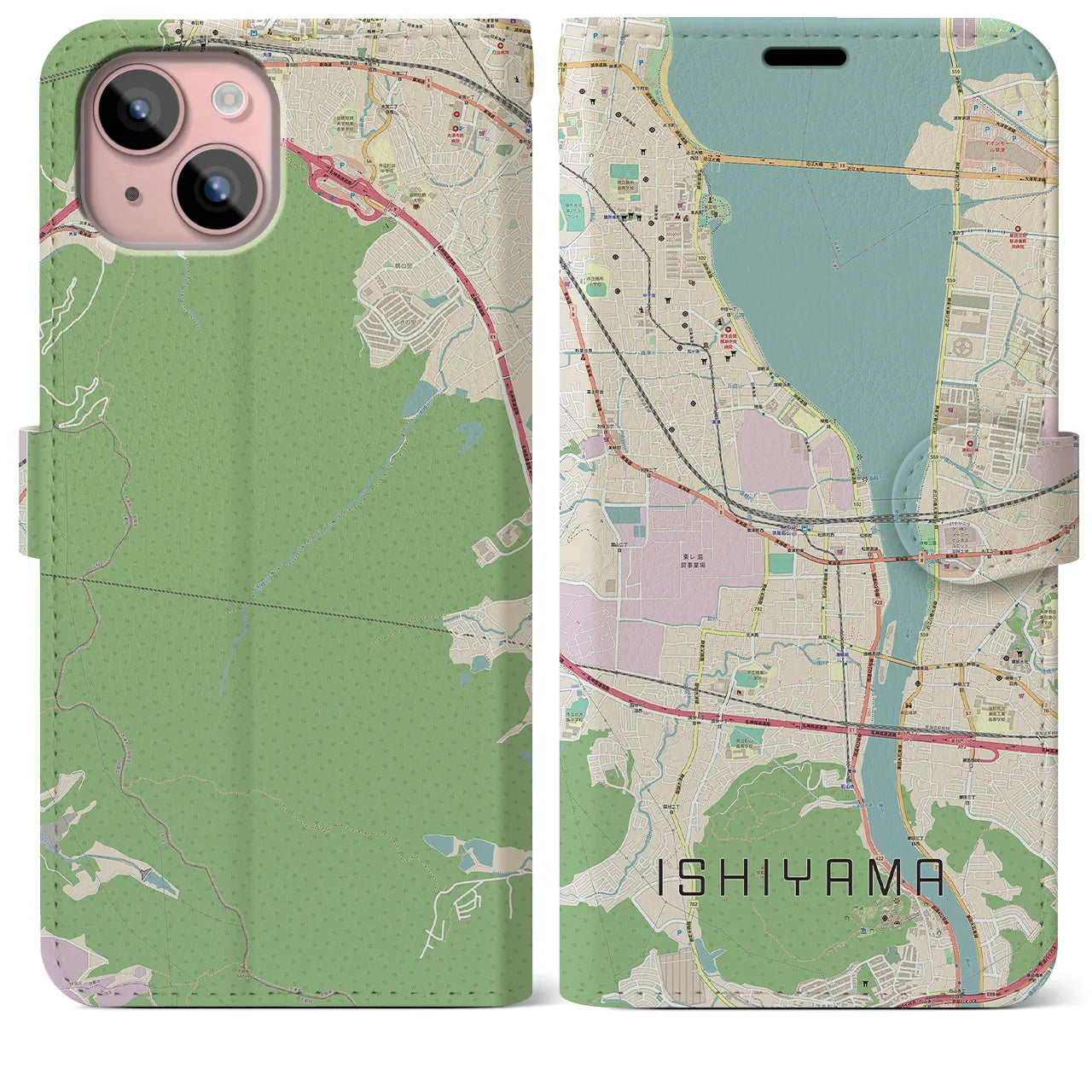 【石山(滋賀県)】地図柄iPhoneケース(手帳タイプ)ナチュラル・iPhone 15 Plus 用