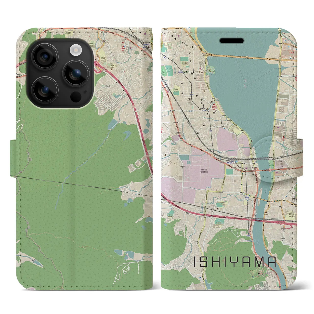 【石山(滋賀県)】地図柄iPhoneケース(手帳タイプ)ナチュラル・iPhone 16 用