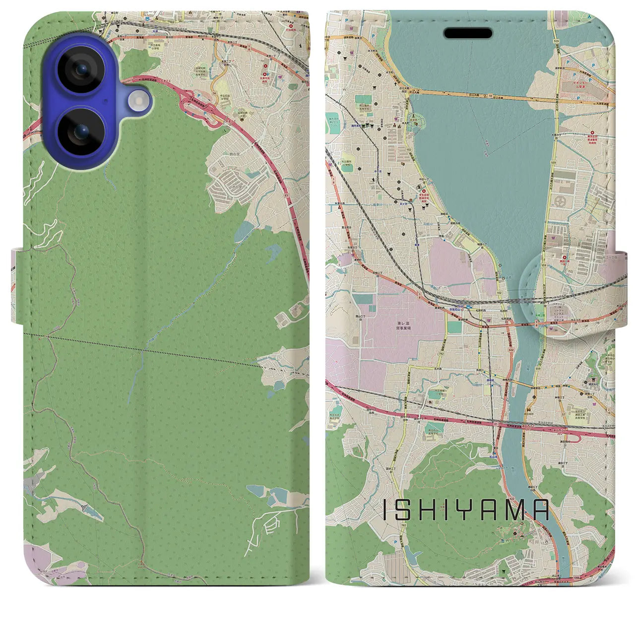 【石山(滋賀県)】地図柄iPhoneケース(手帳タイプ)ナチュラル・iPhone 16 Pro Max 用