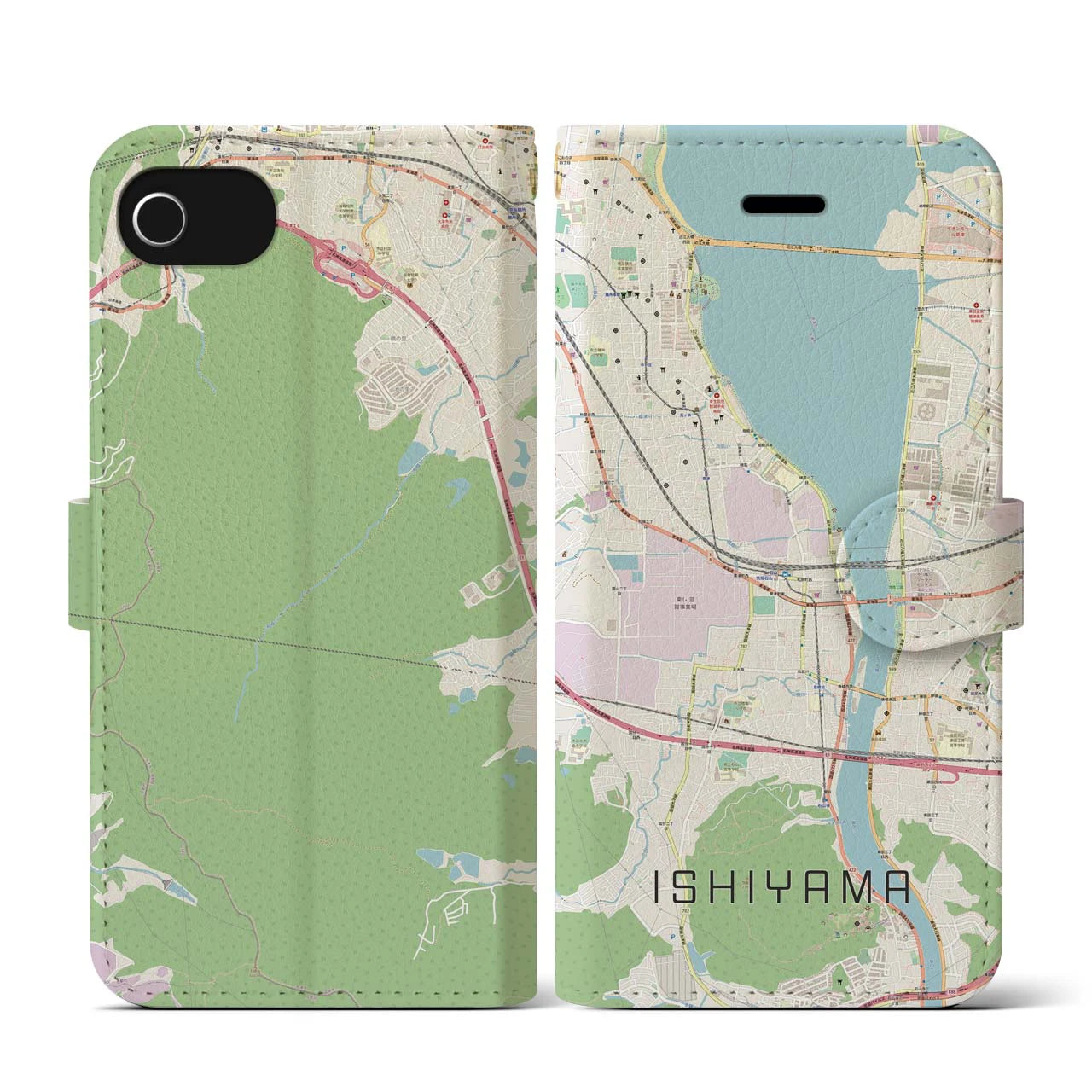 【石山(滋賀県)】地図柄iPhoneケース(手帳タイプ)ナチュラル・iPhone SE(第3 / 第2世代) / 8 / 7 / 6s / 6 用