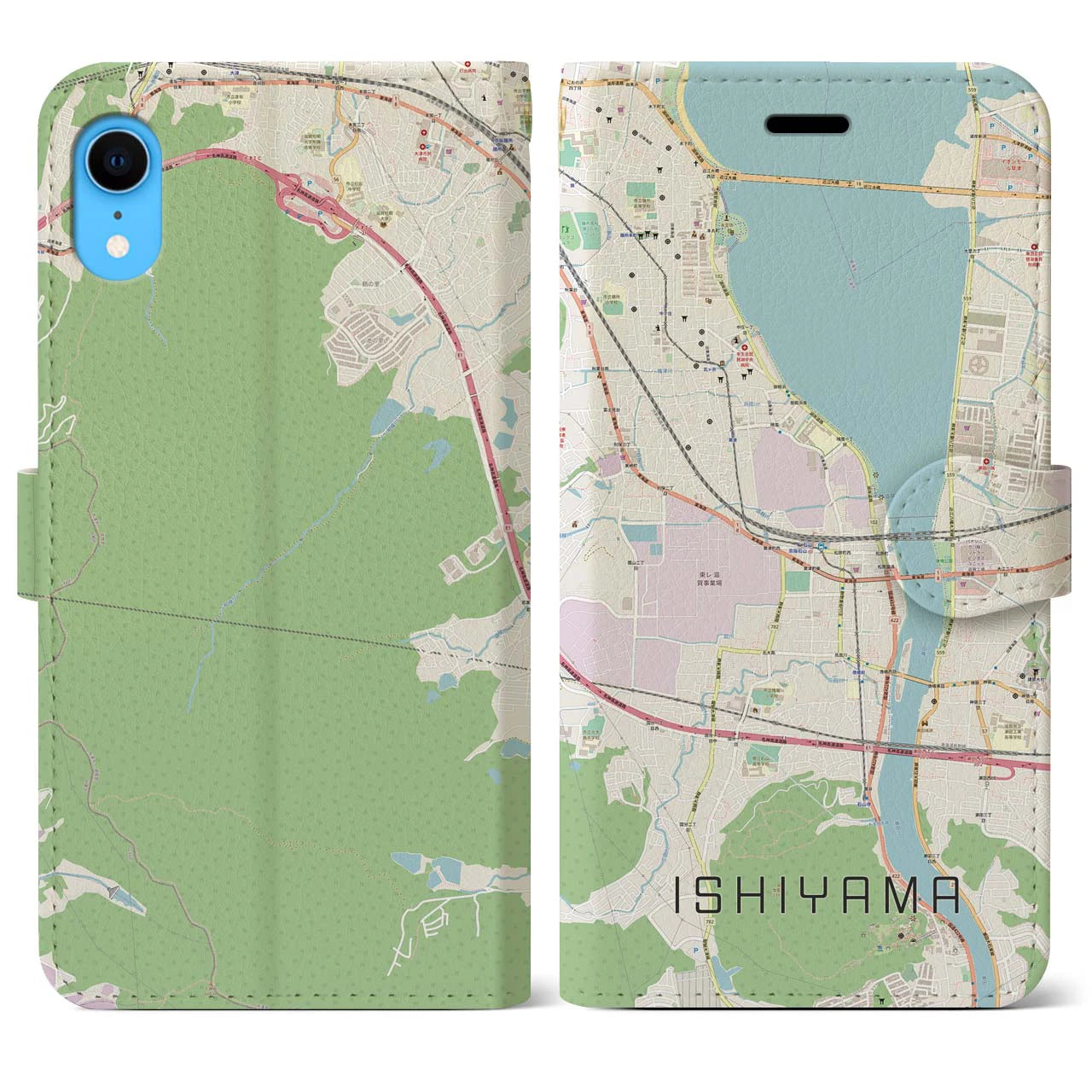 【石山(滋賀県)】地図柄iPhoneケース(手帳タイプ)ナチュラル・iPhone XR 用