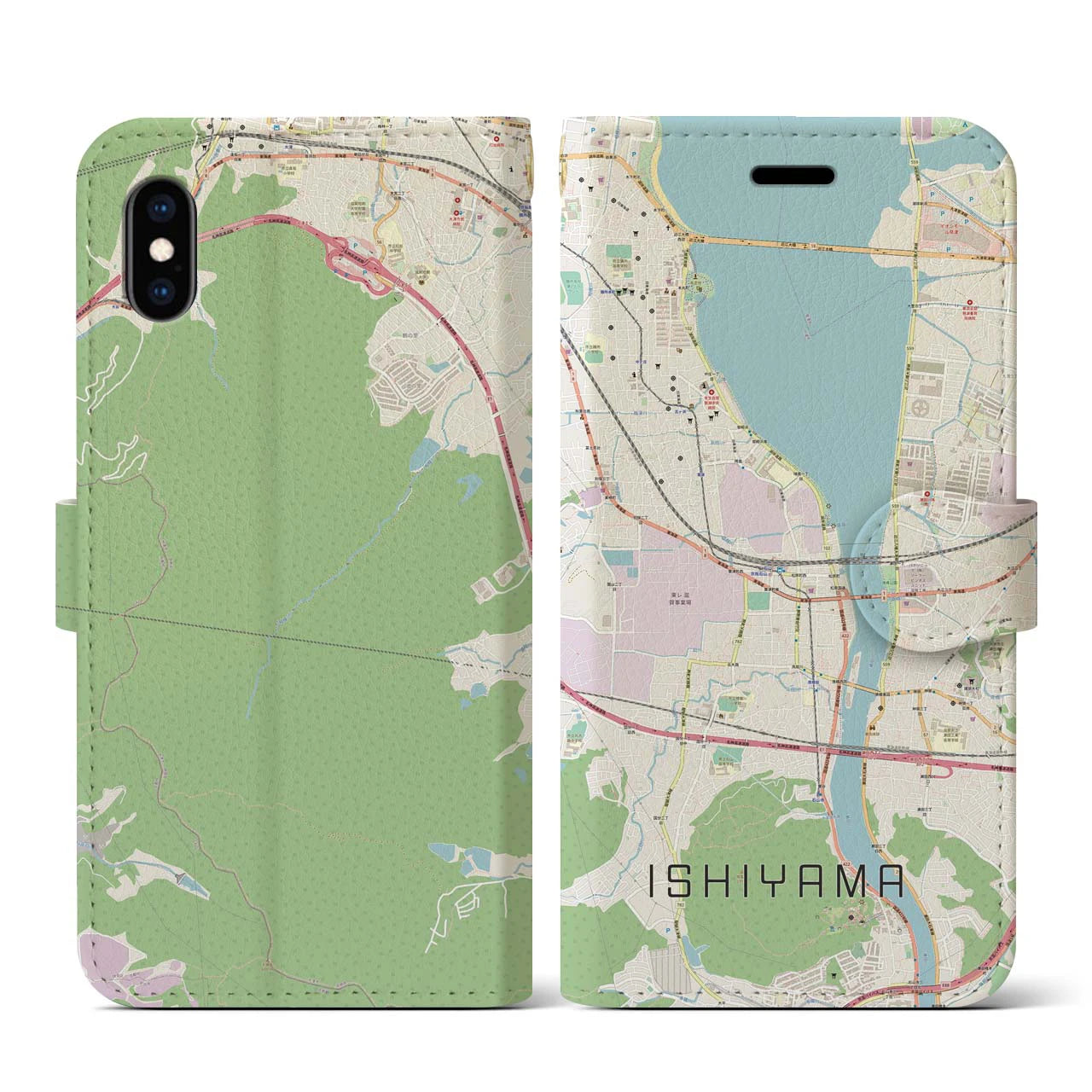 【石山(滋賀県)】地図柄iPhoneケース(手帳タイプ)ナチュラル・iPhone XS / X 用
