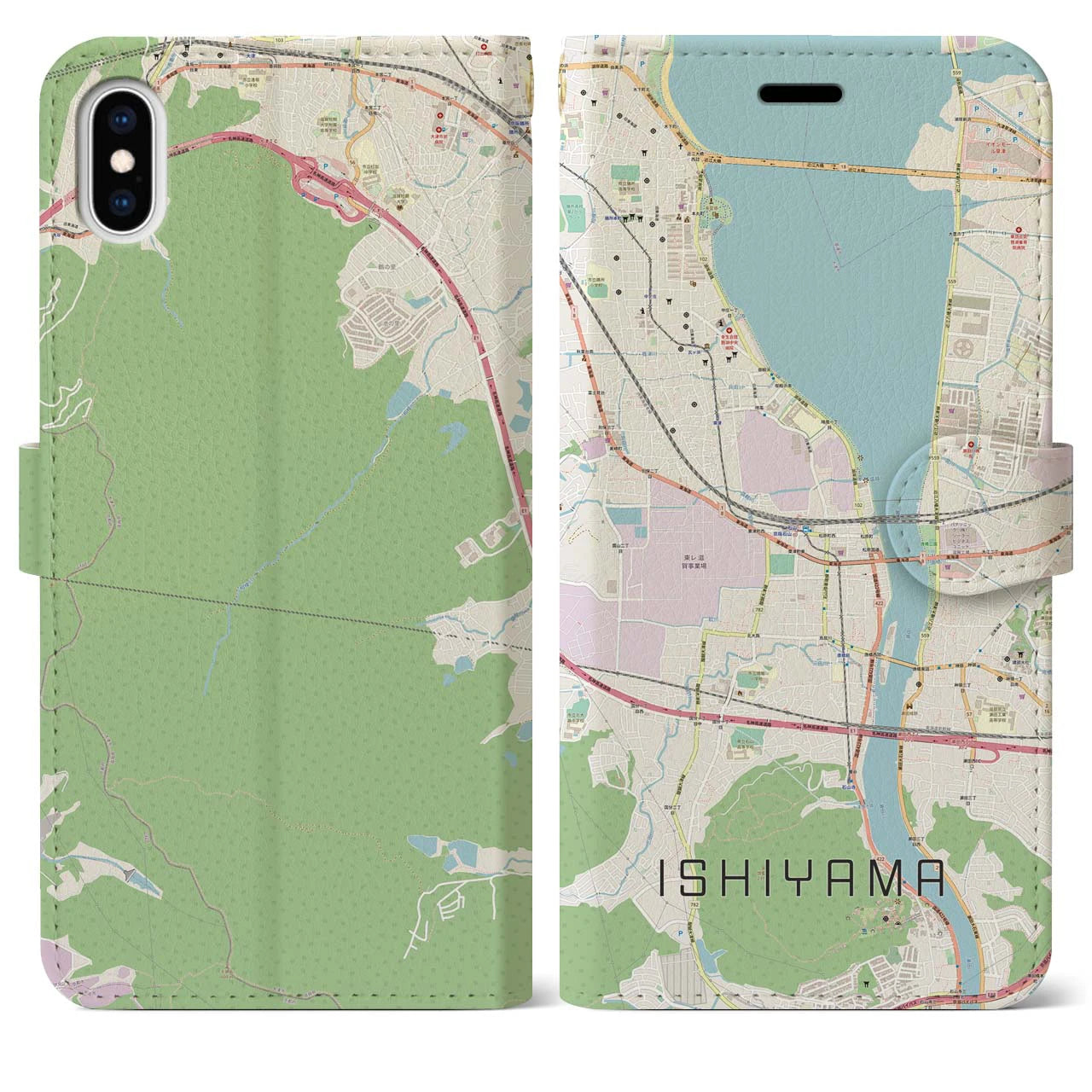 【石山(滋賀県)】地図柄iPhoneケース(手帳タイプ)ナチュラル・iPhone XS Max 用