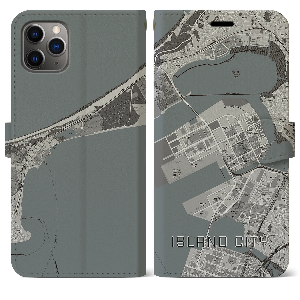 【アイランドシティ(福岡県)】地図柄iPhoneケース(手帳タイプ)モノトーン・iPhone 11 Pro Max 用