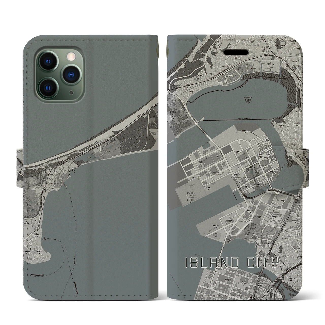 【アイランドシティ(福岡県)】地図柄iPhoneケース(手帳タイプ)モノトーン・iPhone 11 Pro 用