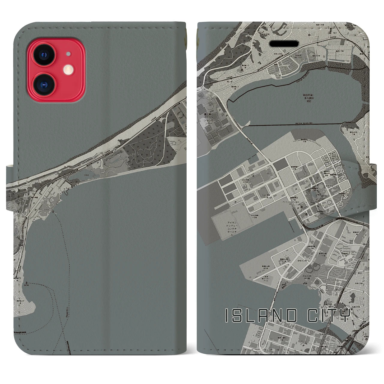 【アイランドシティ(福岡県)】地図柄iPhoneケース(手帳タイプ)モノトーン・iPhone 11 用