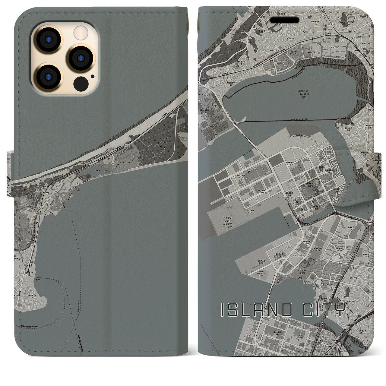 【アイランドシティ(福岡県)】地図柄iPhoneケース(手帳タイプ)モノトーン・iPhone 12 Pro Max 用
