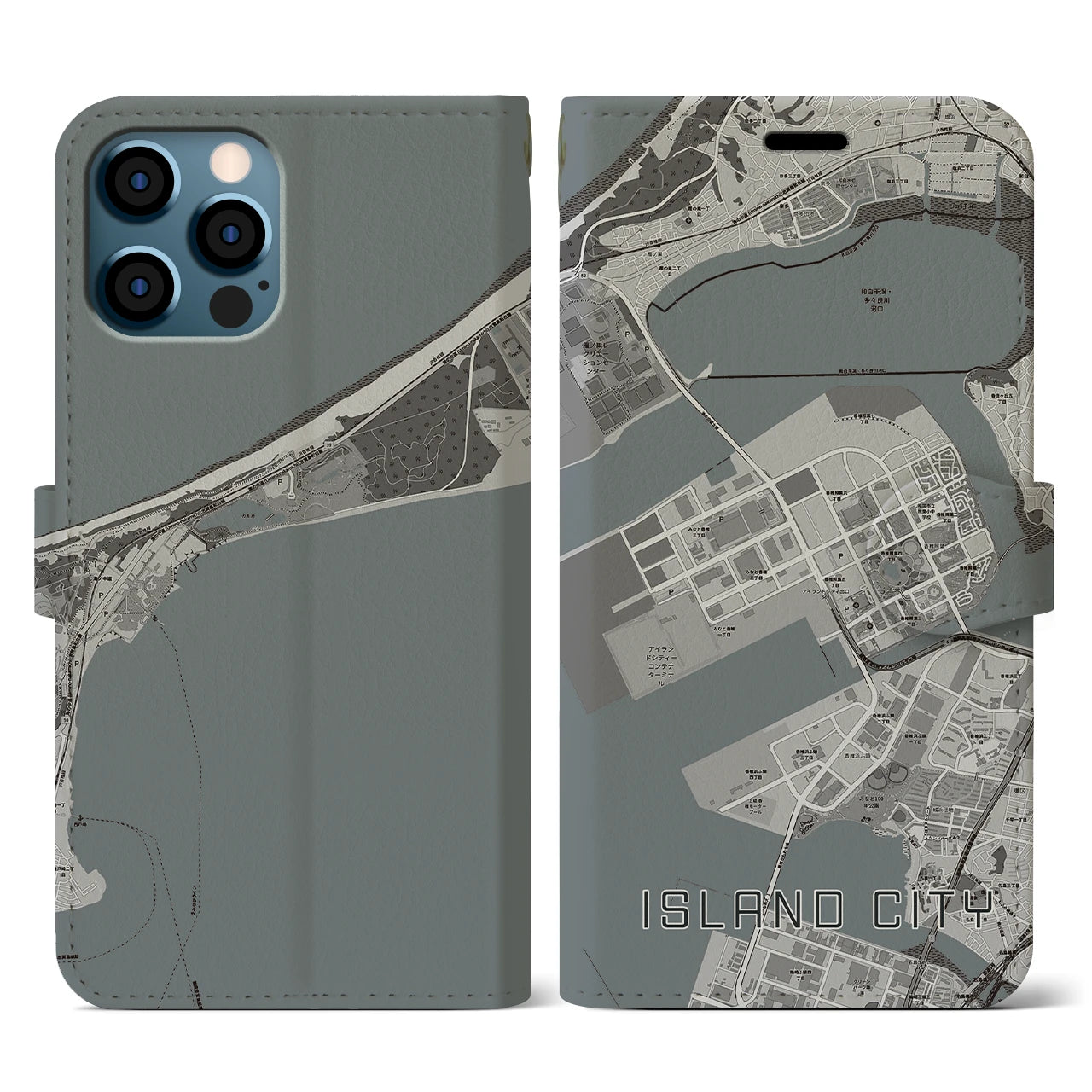 【アイランドシティ(福岡県)】地図柄iPhoneケース(手帳タイプ)モノトーン・iPhone 12 / 12 Pro 用