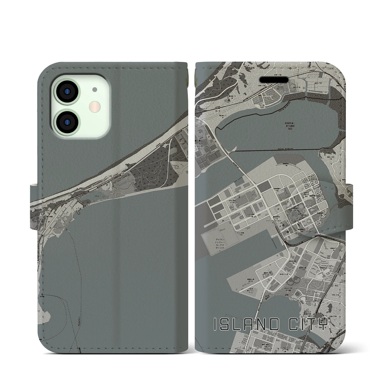 【アイランドシティ(福岡県)】地図柄iPhoneケース(手帳タイプ)モノトーン・iPhone 12 mini 用