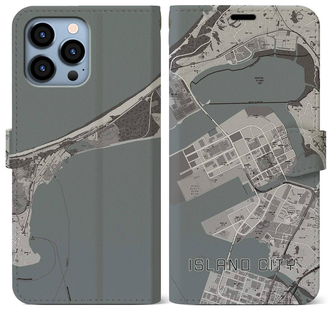 【アイランドシティ(福岡県)】地図柄iPhoneケース(手帳タイプ)モノトーン・iPhone 13 Pro Max 用