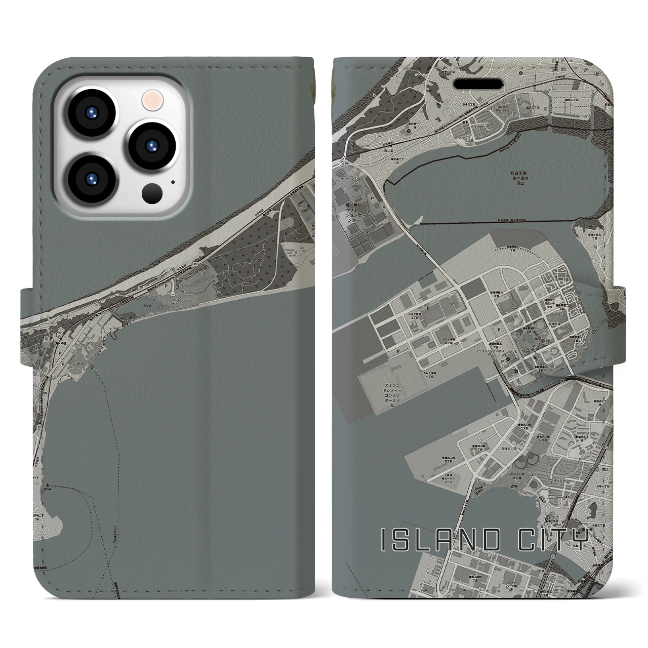【アイランドシティ(福岡県)】地図柄iPhoneケース(手帳タイプ)モノトーン・iPhone 13 Pro 用