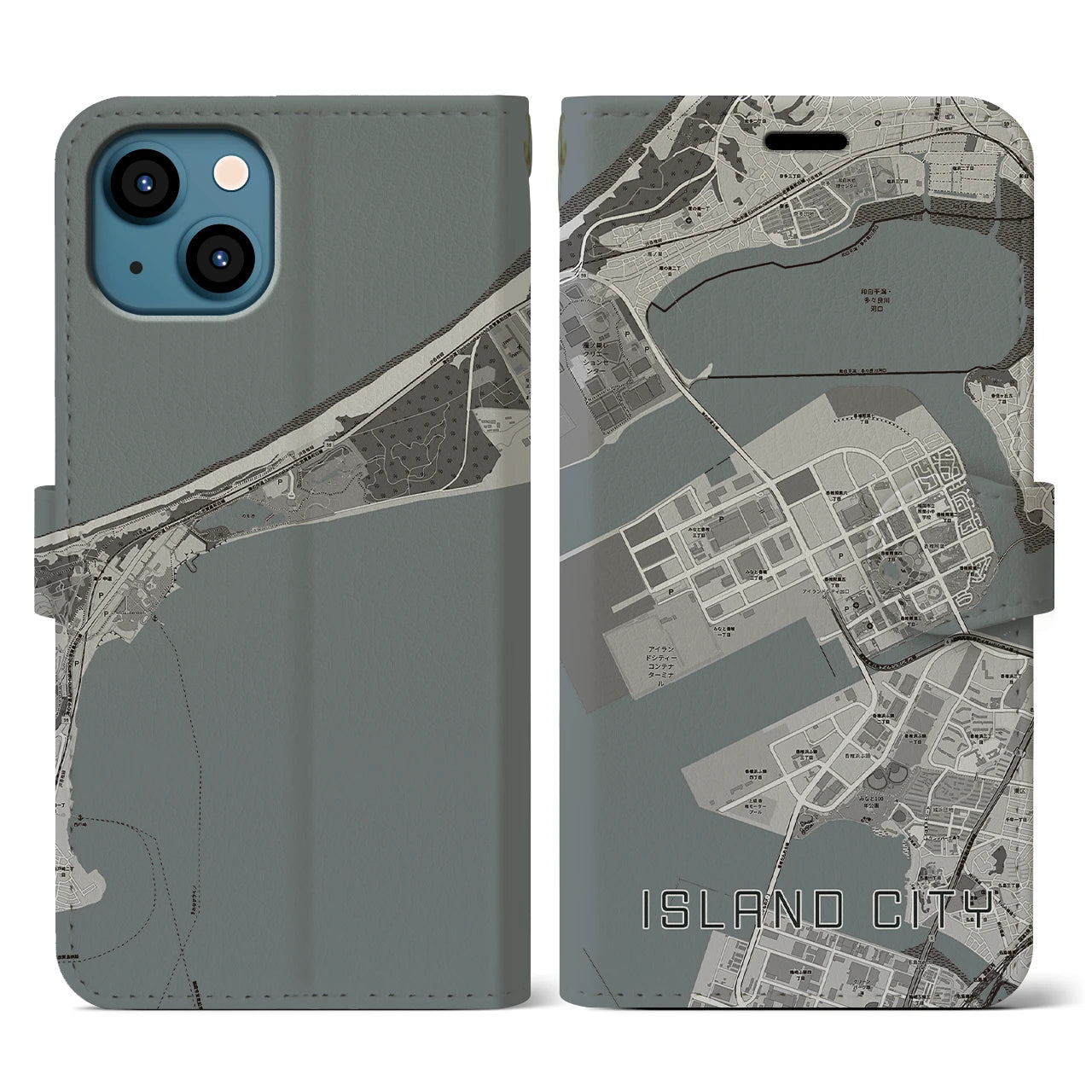 【アイランドシティ(福岡県)】地図柄iPhoneケース(手帳タイプ)モノトーン・iPhone 13 用