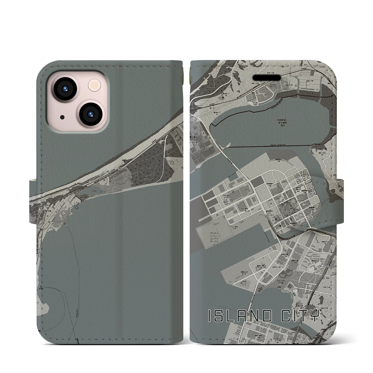 【アイランドシティ(福岡県)】地図柄iPhoneケース(手帳タイプ)モノトーン・iPhone 13 mini 用