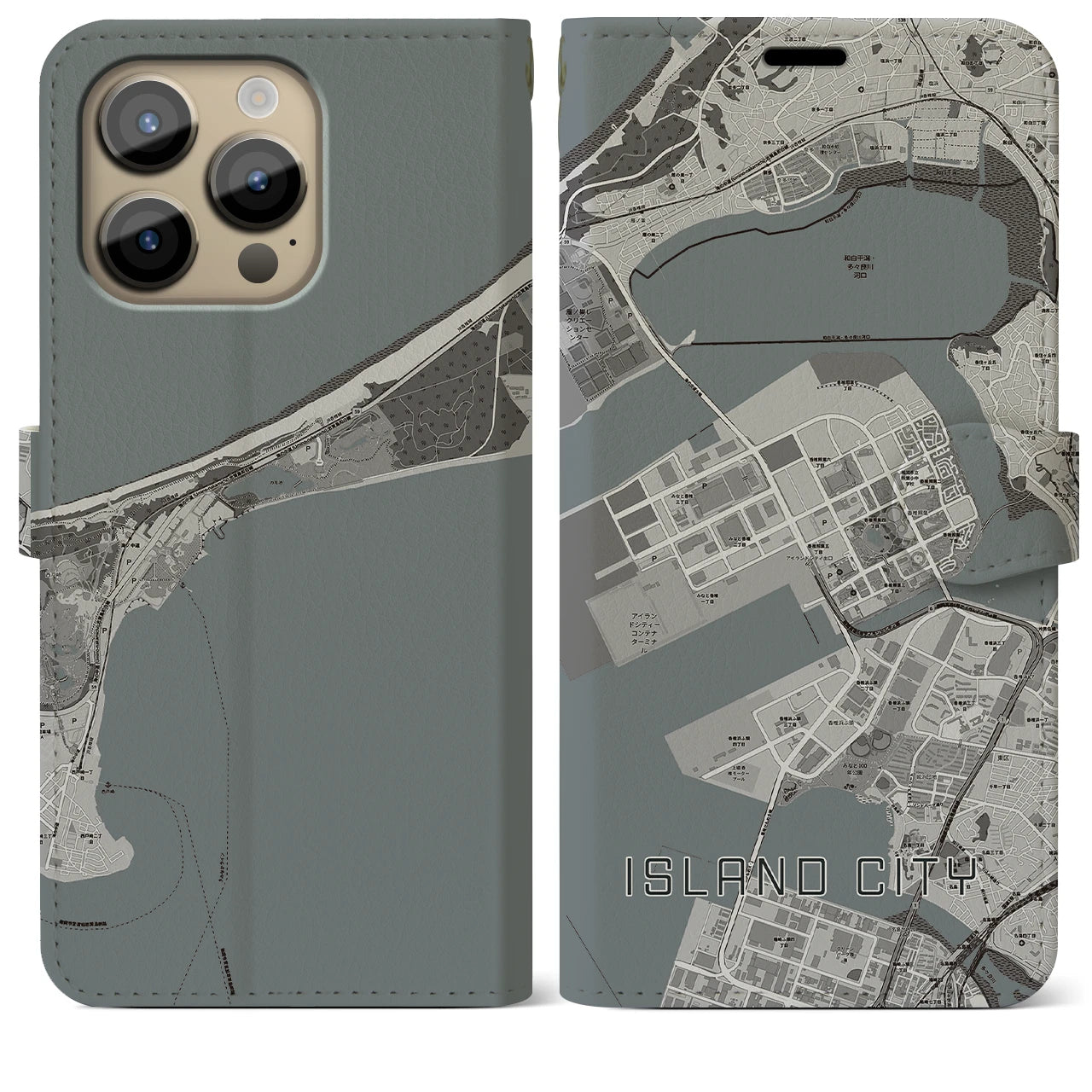 【アイランドシティ(福岡県)】地図柄iPhoneケース(手帳タイプ)モノトーン・iPhone 14 Pro Max 用