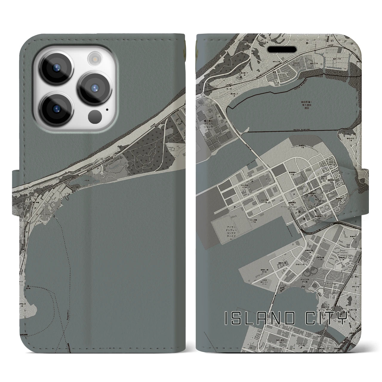 【アイランドシティ(福岡県)】地図柄iPhoneケース(手帳タイプ)モノトーン・iPhone 14 Pro 用