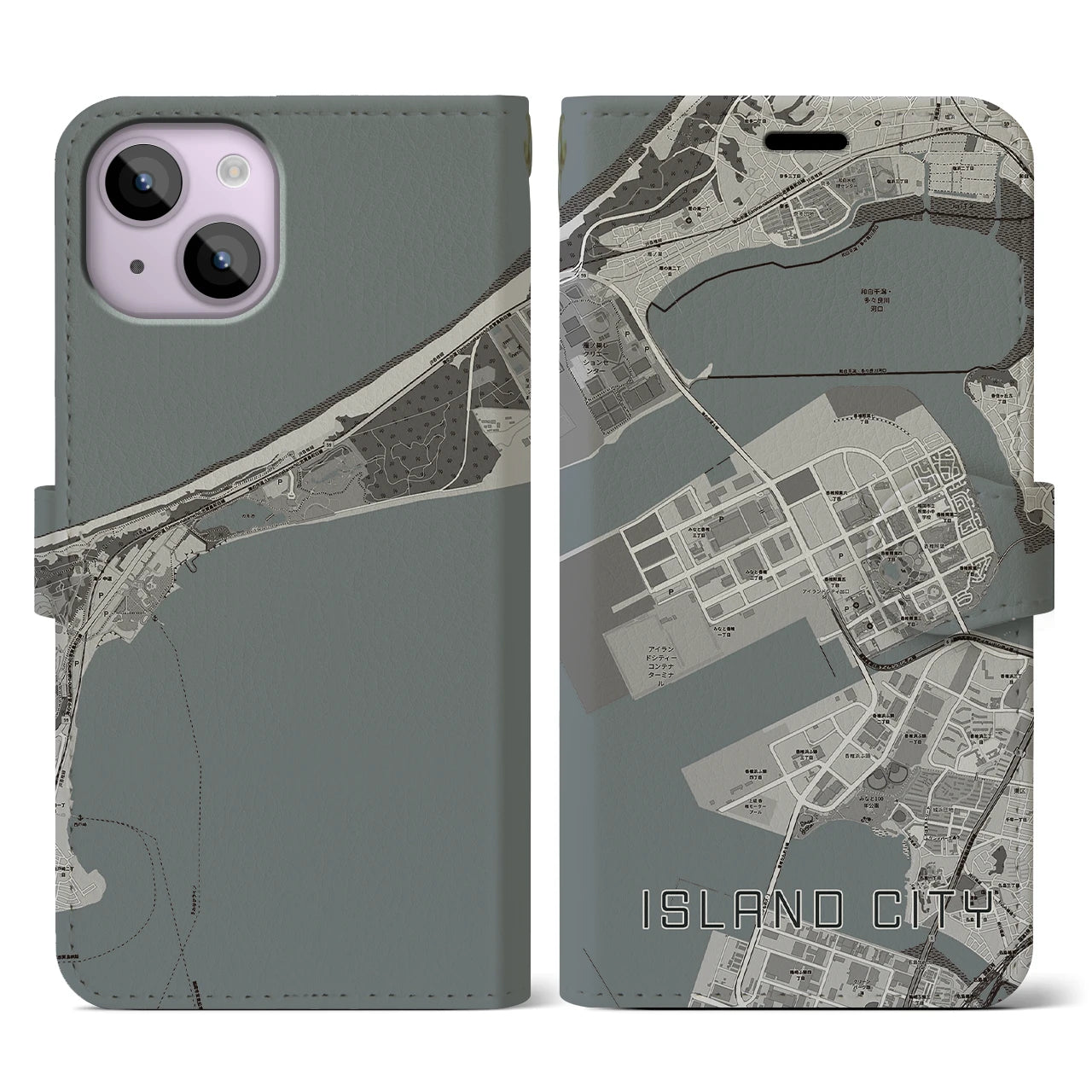 【アイランドシティ(福岡県)】地図柄iPhoneケース(手帳タイプ)モノトーン・iPhone 14 用