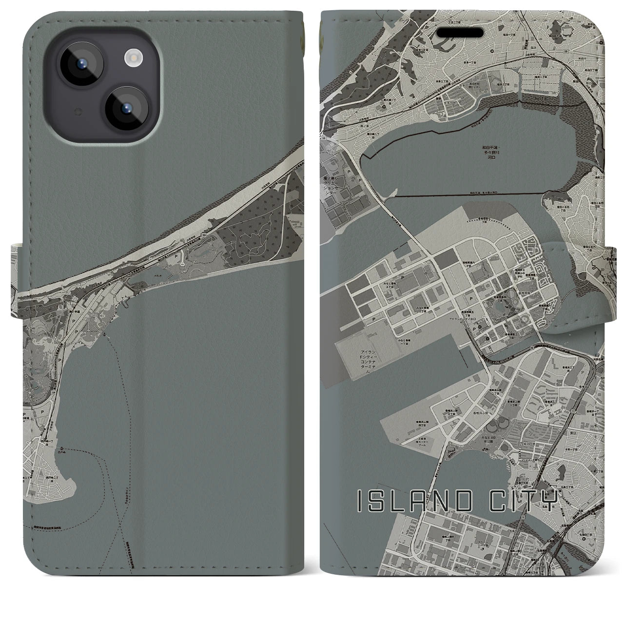 【アイランドシティ(福岡県)】地図柄iPhoneケース(手帳タイプ)モノトーン・iPhone 14 Plus 用