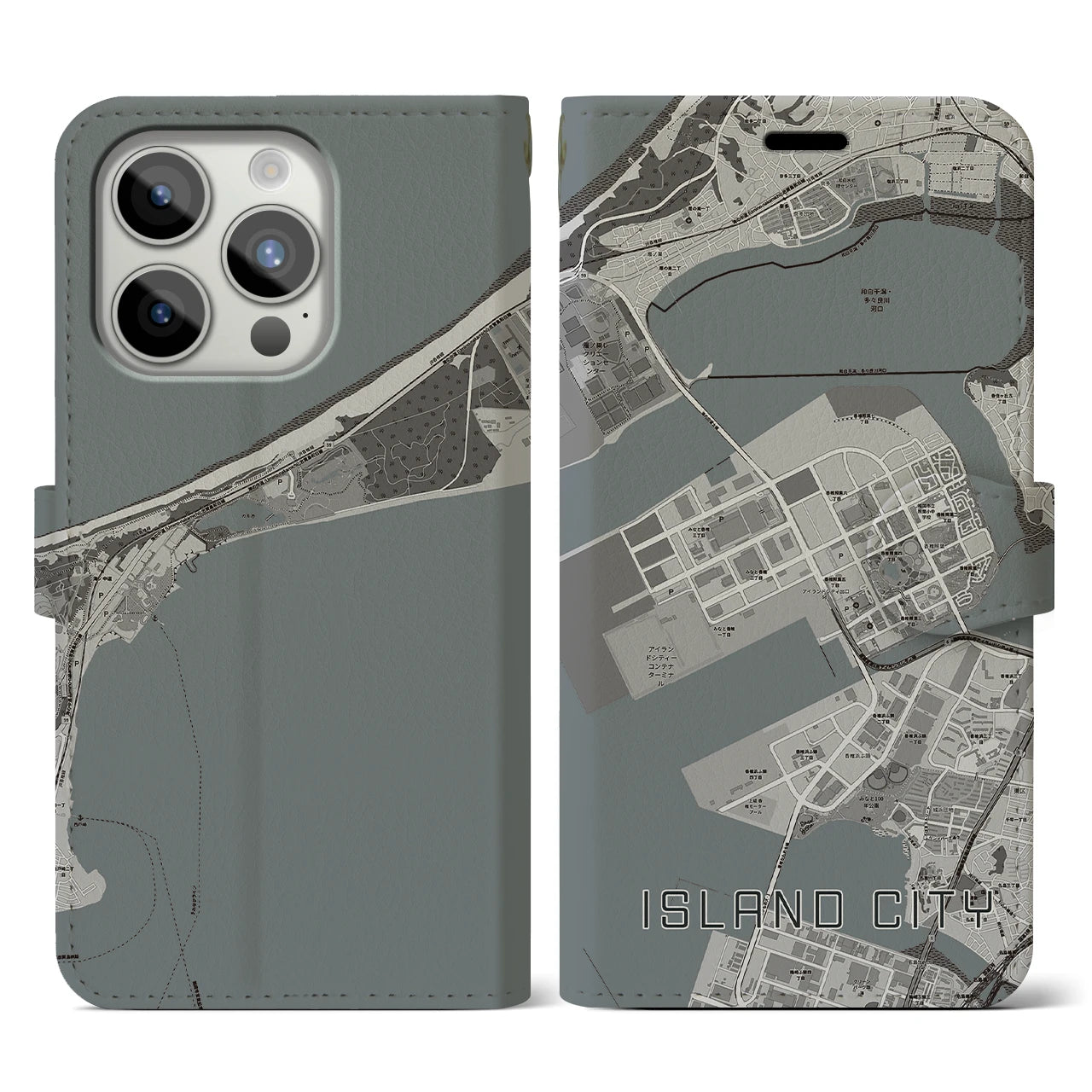 【アイランドシティ(福岡県)】地図柄iPhoneケース(手帳タイプ)モノトーン・iPhone 15 Pro 用