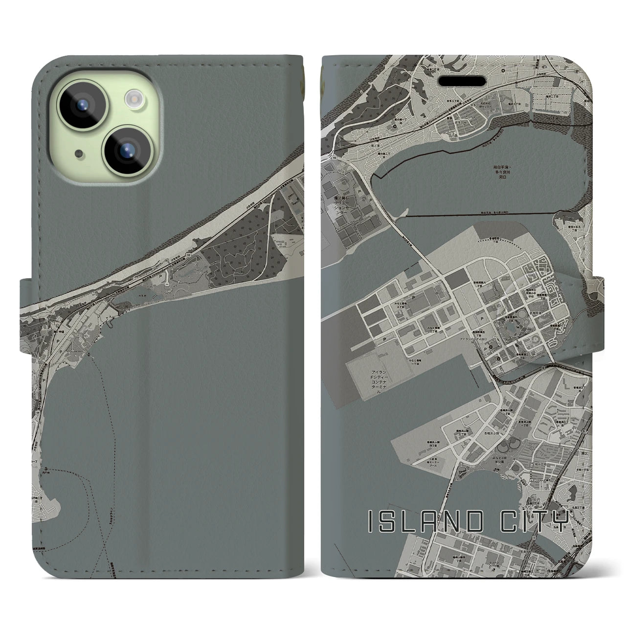 【アイランドシティ(福岡県)】地図柄iPhoneケース(手帳タイプ)モノトーン・iPhone 15 用