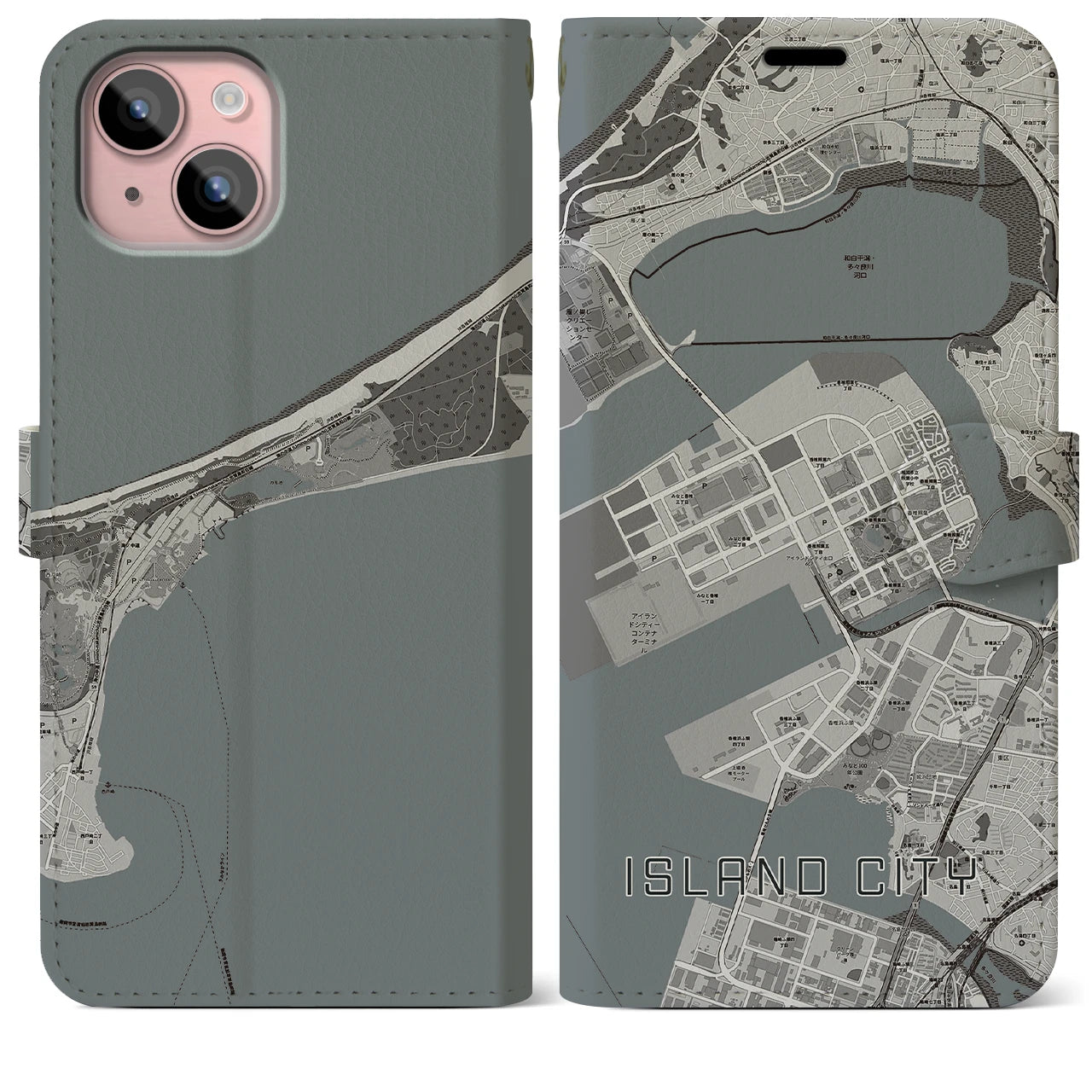 【アイランドシティ(福岡県)】地図柄iPhoneケース(手帳タイプ)モノトーン・iPhone 15 Plus 用