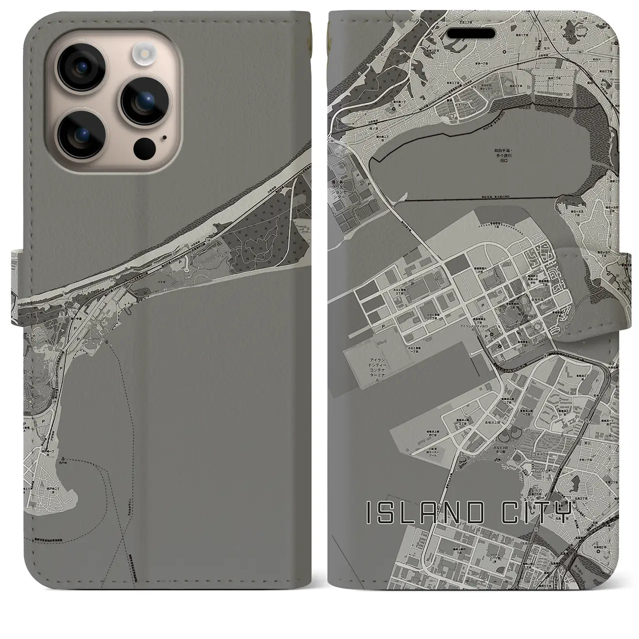 【アイランドシティ(福岡県)】地図柄iPhoneケース(手帳タイプ)モノトーン・iPhone 16 Plus 用