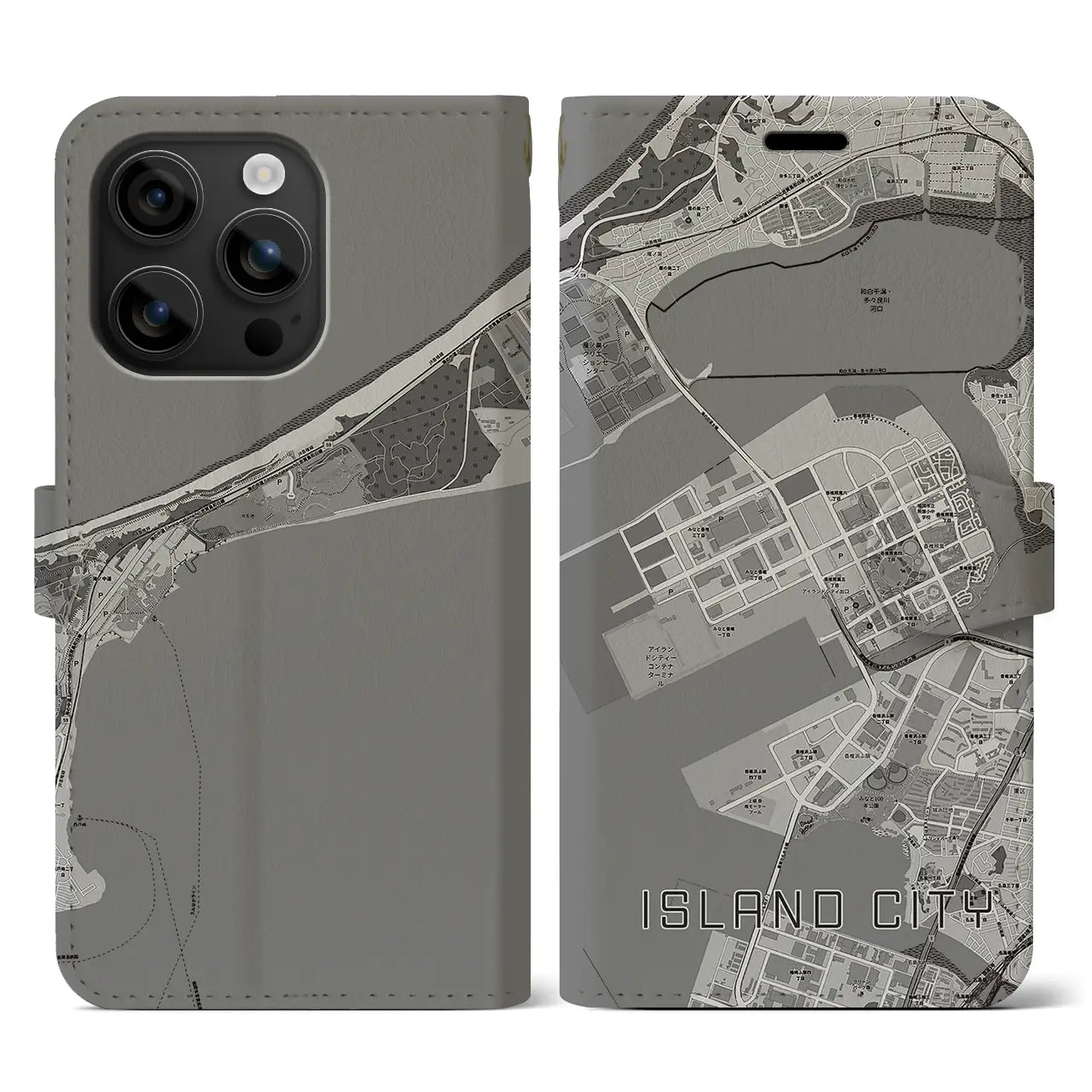 【アイランドシティ(福岡県)】地図柄iPhoneケース(手帳タイプ)モノトーン・iPhone 16 用