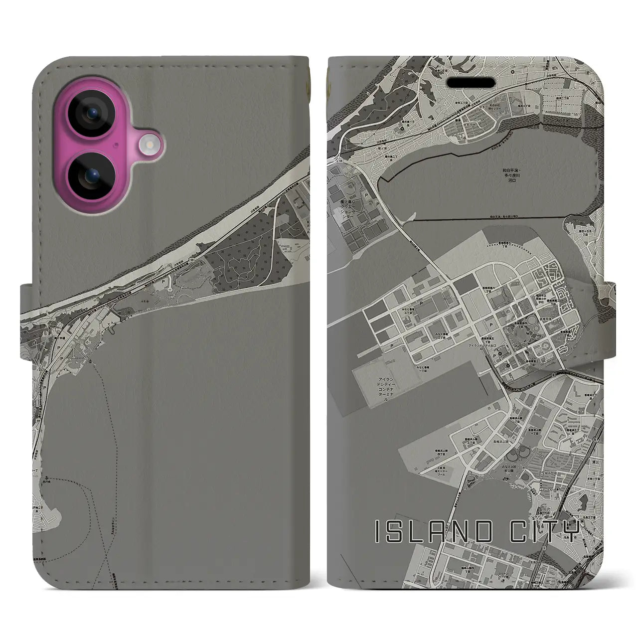 【アイランドシティ(福岡県)】地図柄iPhoneケース(手帳タイプ)モノトーン・iPhone 16 Pro 用