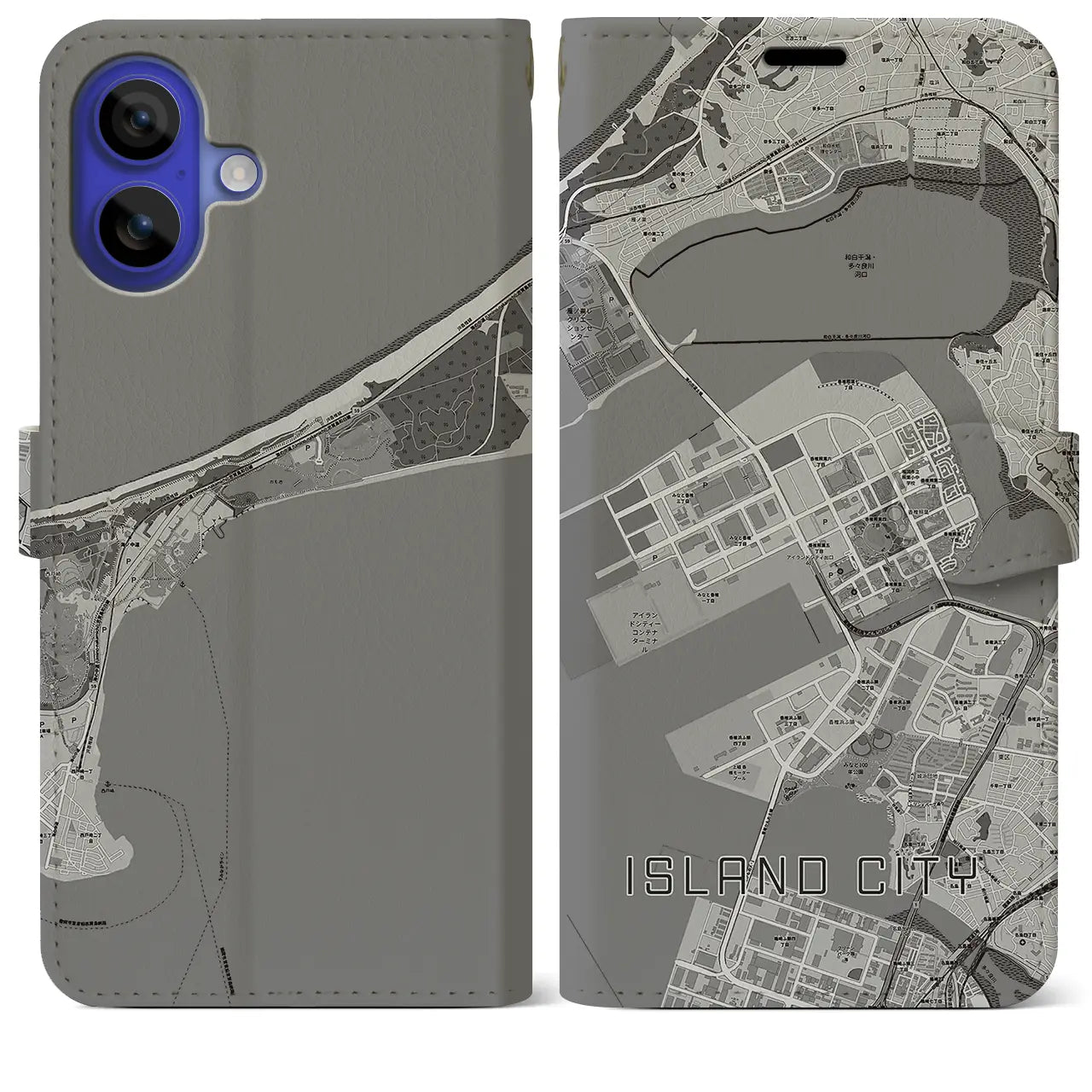 【アイランドシティ(福岡県)】地図柄iPhoneケース(手帳タイプ)モノトーン・iPhone 16 Pro Max 用