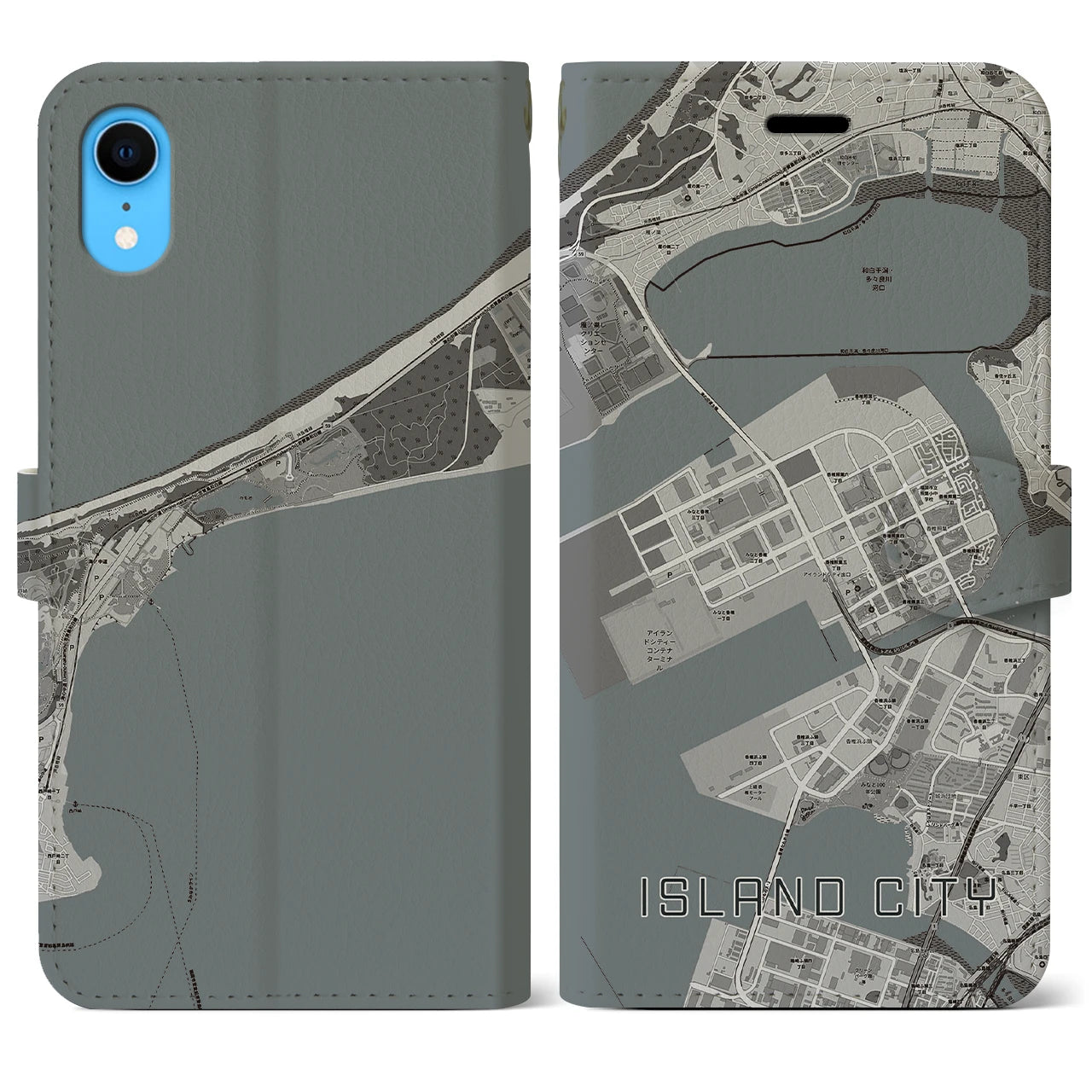【アイランドシティ(福岡県)】地図柄iPhoneケース(手帳タイプ)モノトーン・iPhone XR 用