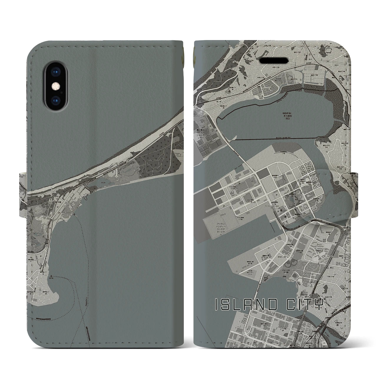 【アイランドシティ(福岡県)】地図柄iPhoneケース(手帳タイプ)モノトーン・iPhone XS / X 用