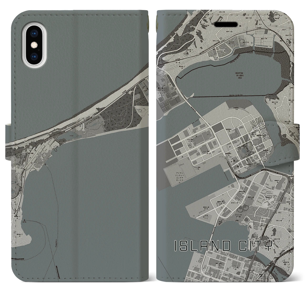 【アイランドシティ(福岡県)】地図柄iPhoneケース(手帳タイプ)モノトーン・iPhone XS Max 用