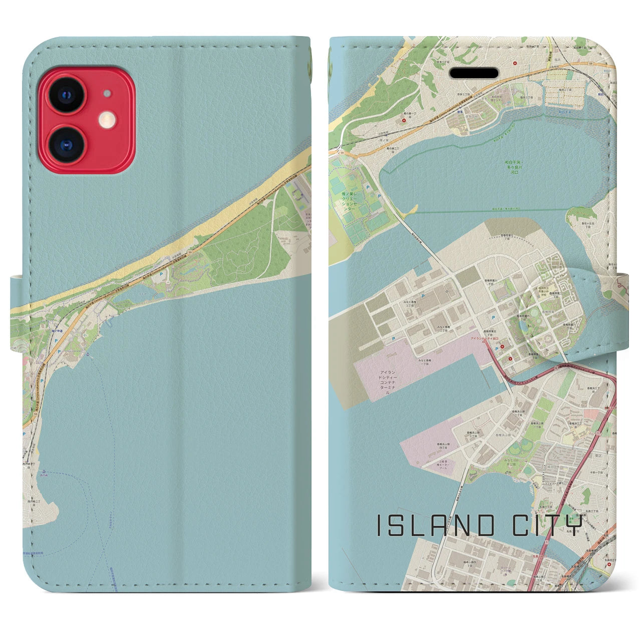 【アイランドシティ(福岡県)】地図柄iPhoneケース(手帳タイプ)ナチュラル・iPhone 11 用