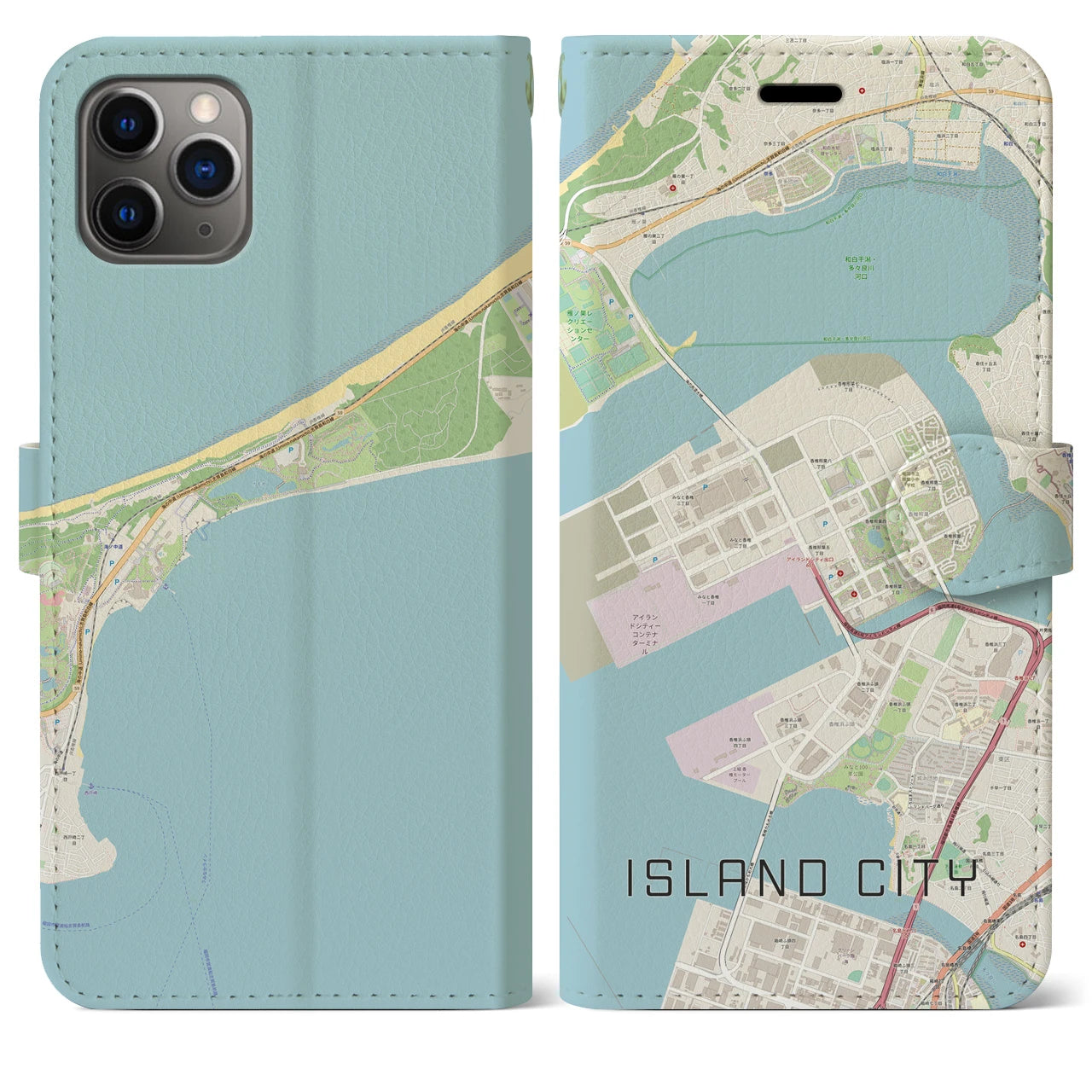 【アイランドシティ(福岡県)】地図柄iPhoneケース(手帳タイプ)ナチュラル・iPhone 11 Pro Max 用