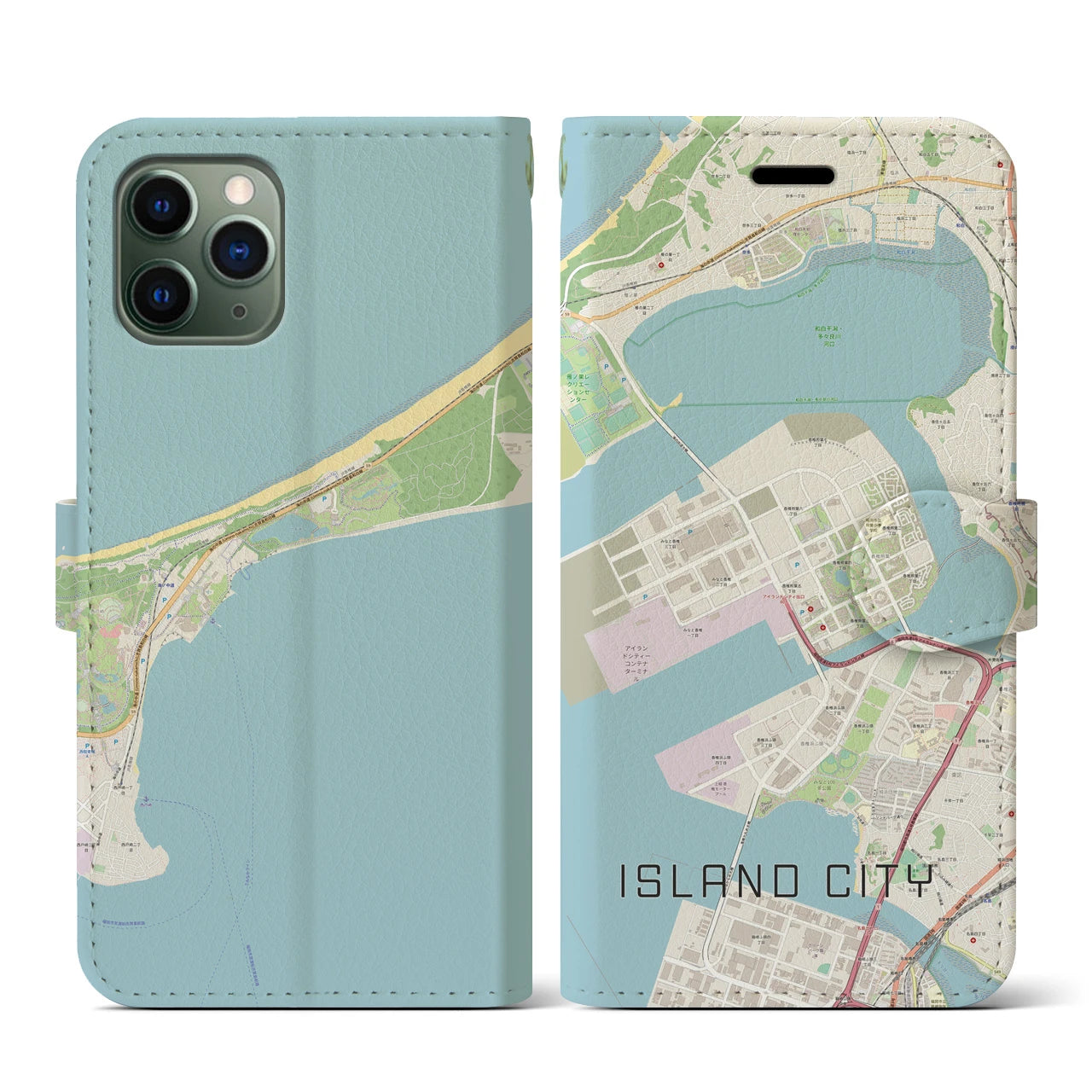【アイランドシティ(福岡県)】地図柄iPhoneケース(手帳タイプ)ナチュラル・iPhone 11 Pro 用