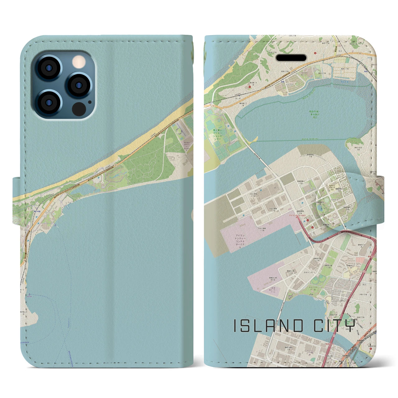【アイランドシティ(福岡県)】地図柄iPhoneケース(手帳タイプ)ナチュラル・iPhone 12 / 12 Pro 用