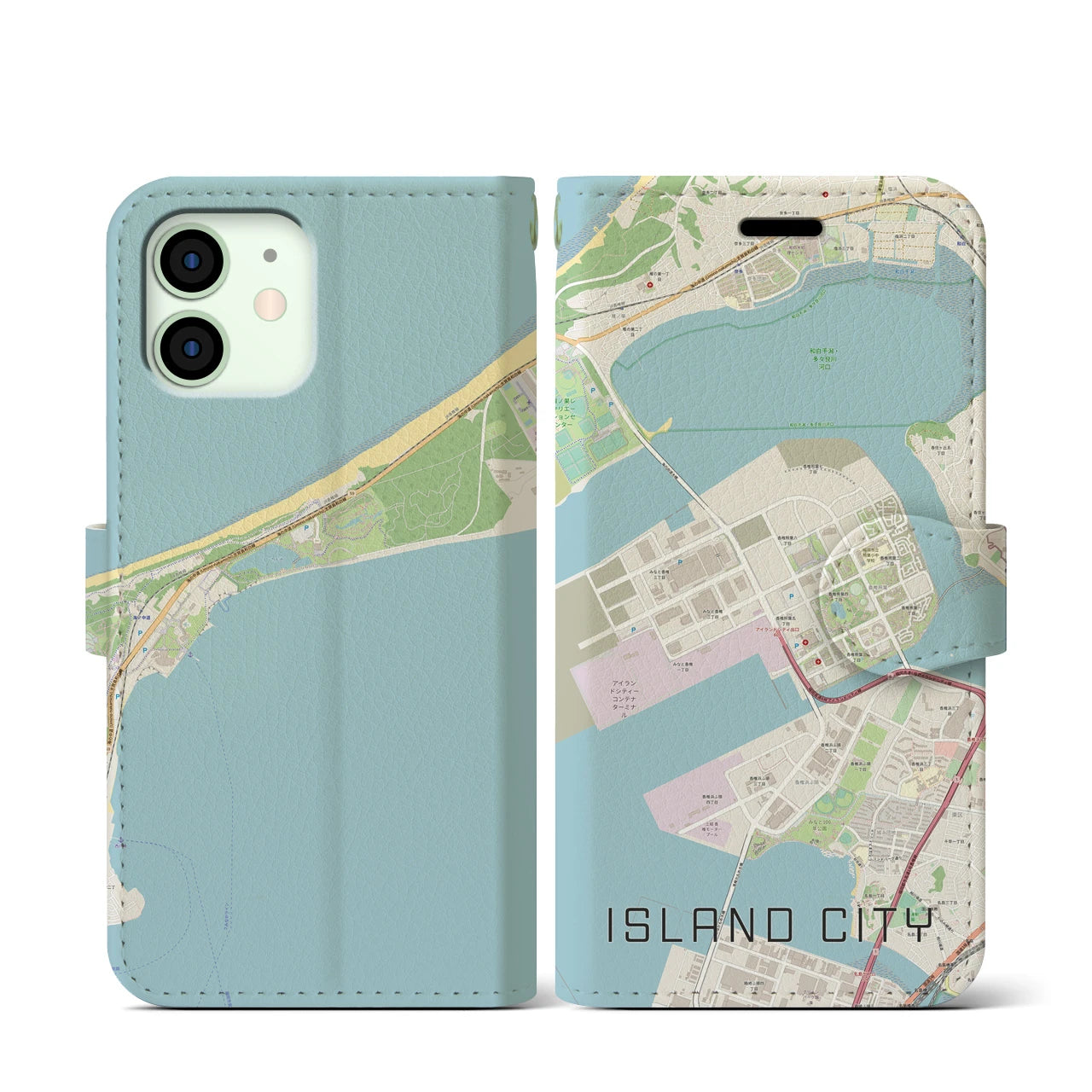 【アイランドシティ(福岡県)】地図柄iPhoneケース(手帳タイプ)ナチュラル・iPhone 12 mini 用