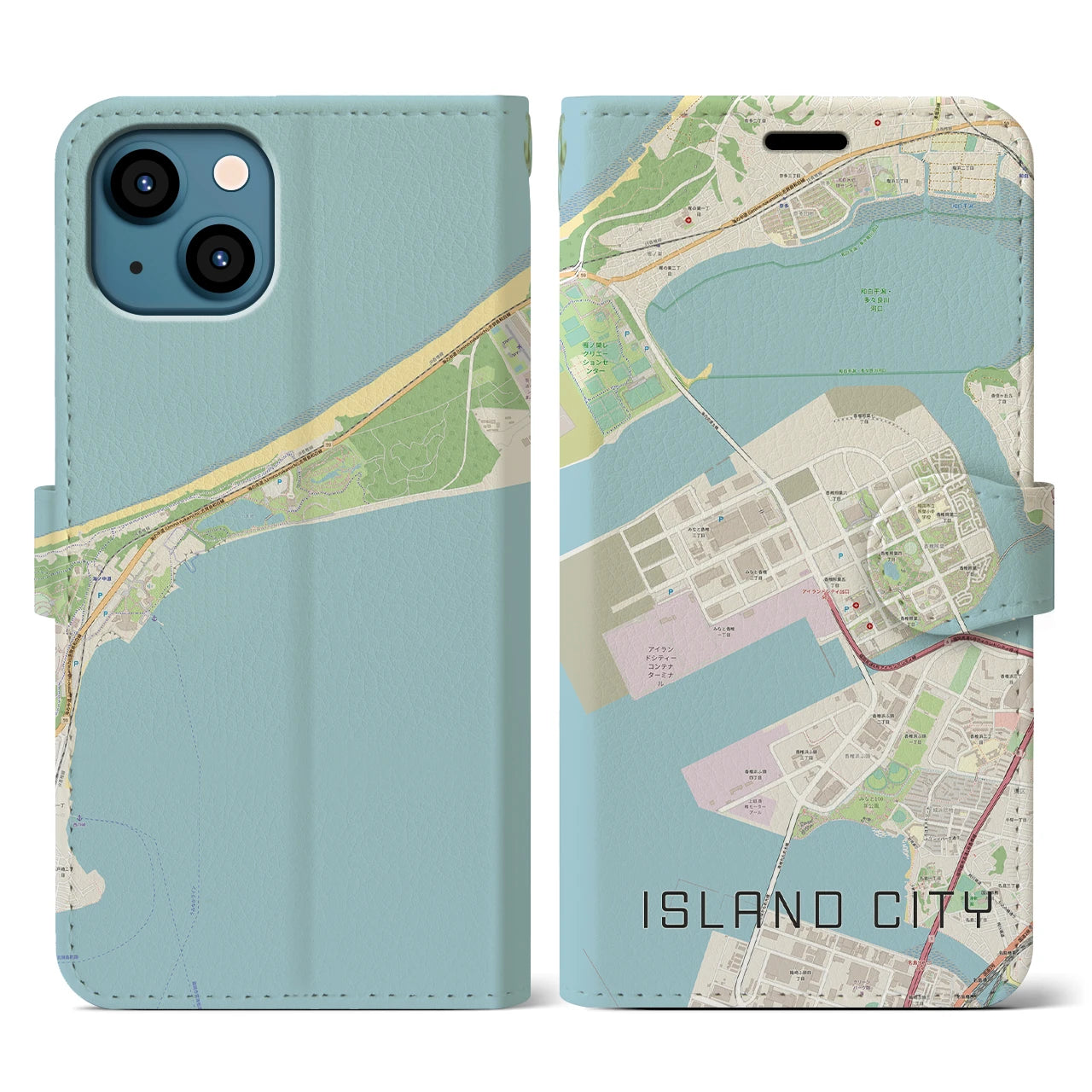 【アイランドシティ(福岡県)】地図柄iPhoneケース(手帳タイプ)ナチュラル・iPhone 13 用