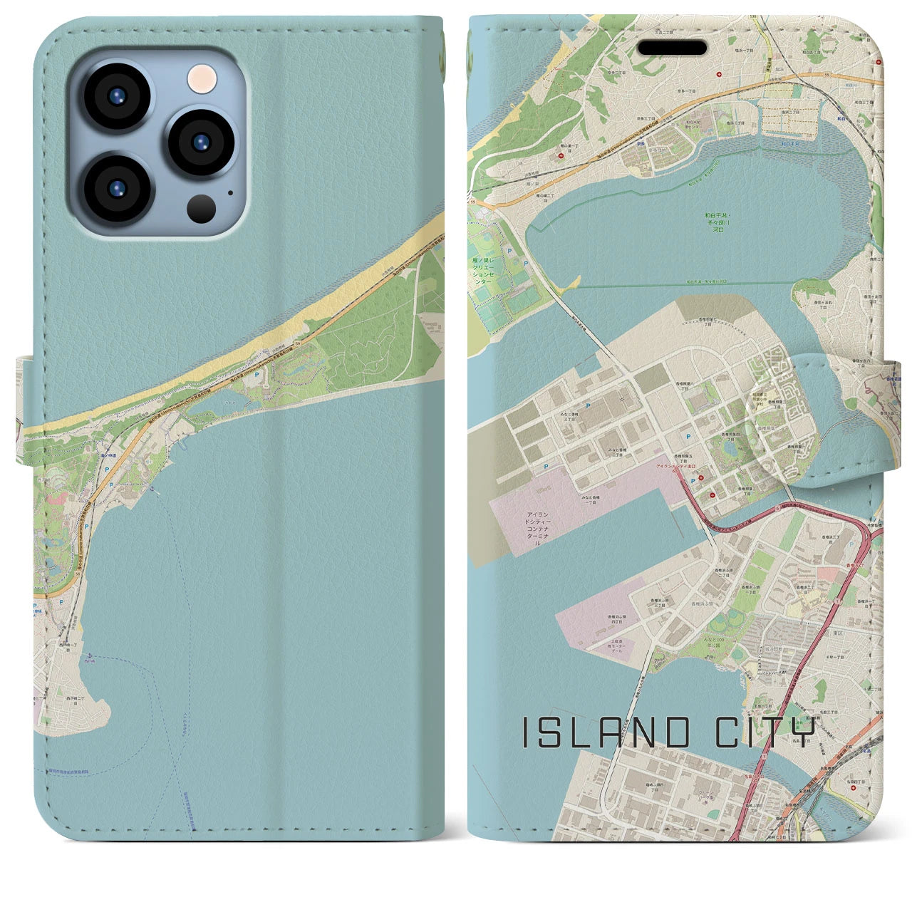 【アイランドシティ(福岡県)】地図柄iPhoneケース(手帳タイプ)ナチュラル・iPhone 13 Pro Max 用