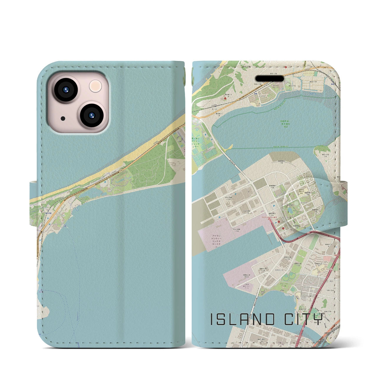 【アイランドシティ(福岡県)】地図柄iPhoneケース(手帳タイプ)ナチュラル・iPhone 13 mini 用