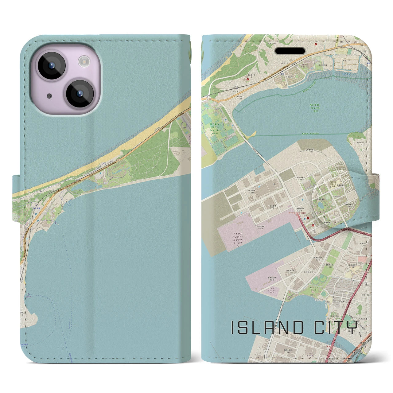 【アイランドシティ(福岡県)】地図柄iPhoneケース(手帳タイプ)ナチュラル・iPhone 14 用