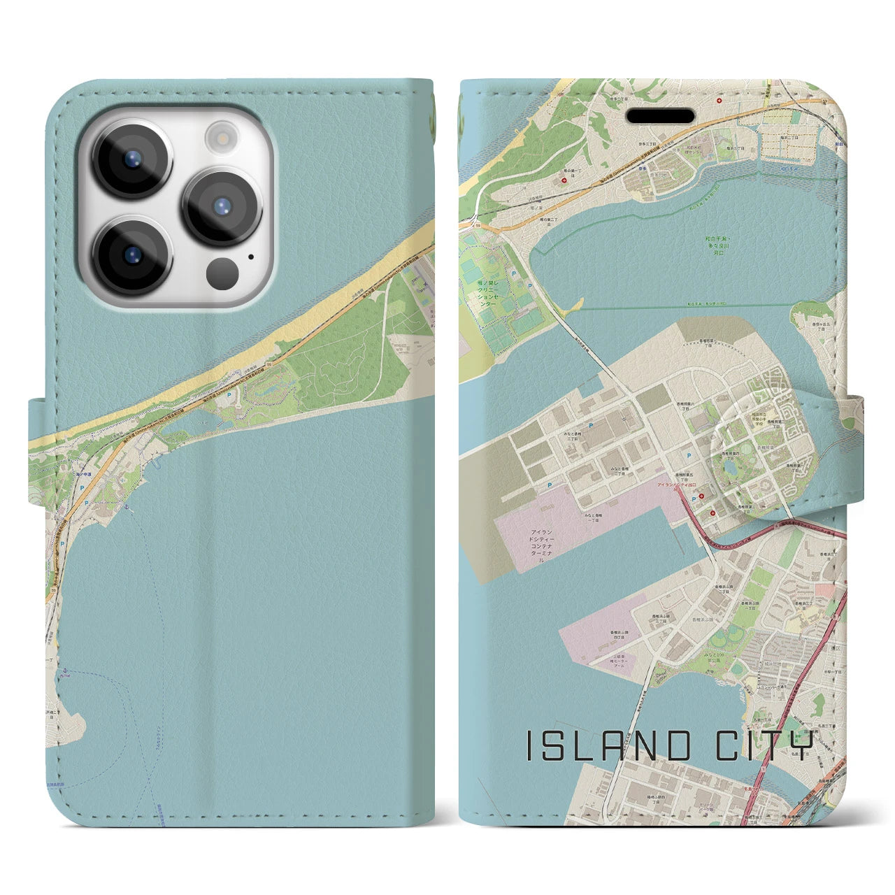 【アイランドシティ(福岡県)】地図柄iPhoneケース(手帳タイプ)ナチュラル・iPhone 14 Pro 用