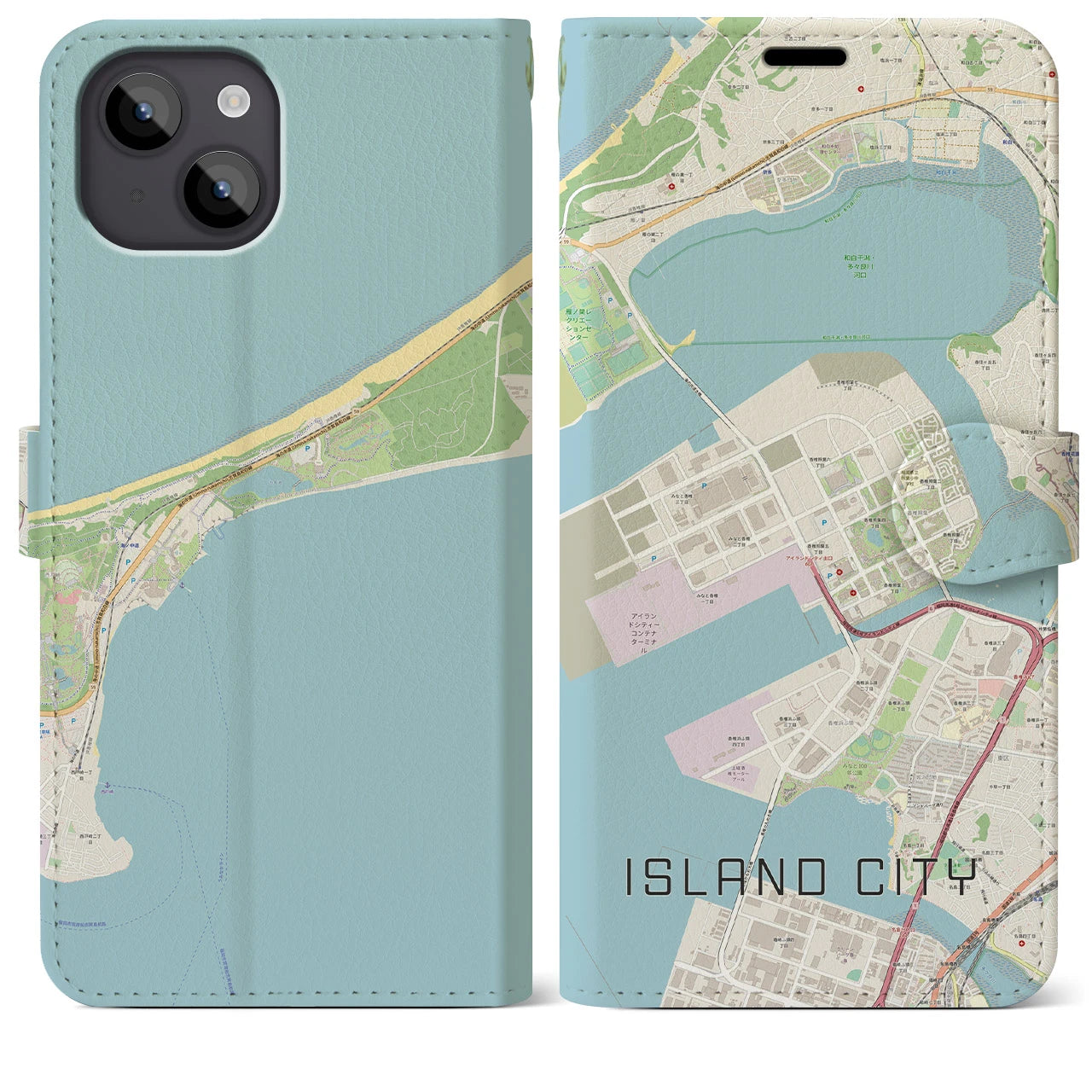 【アイランドシティ(福岡県)】地図柄iPhoneケース(手帳タイプ)ナチュラル・iPhone 14 Plus 用