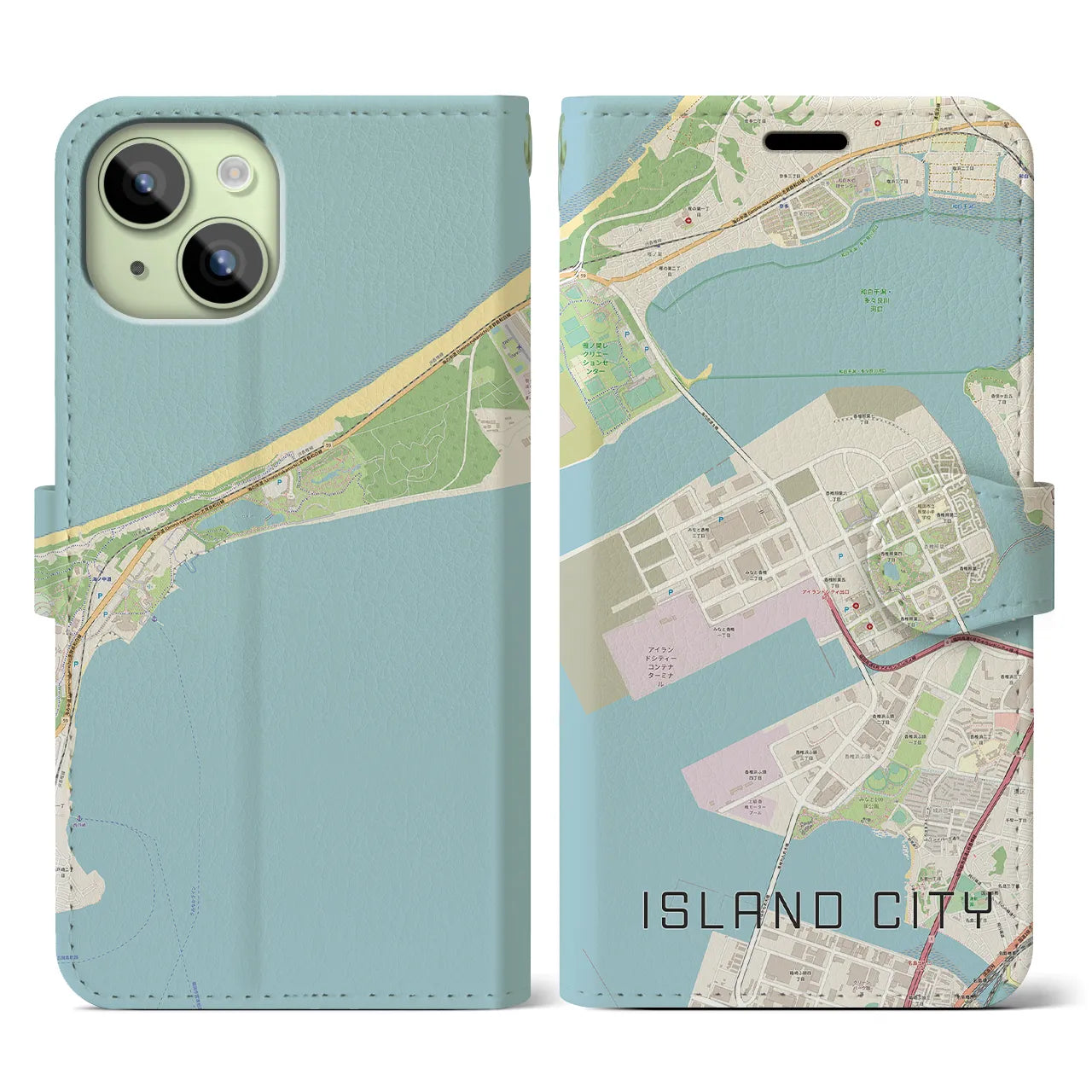【アイランドシティ(福岡県)】地図柄iPhoneケース(手帳タイプ)ナチュラル・iPhone 15 用