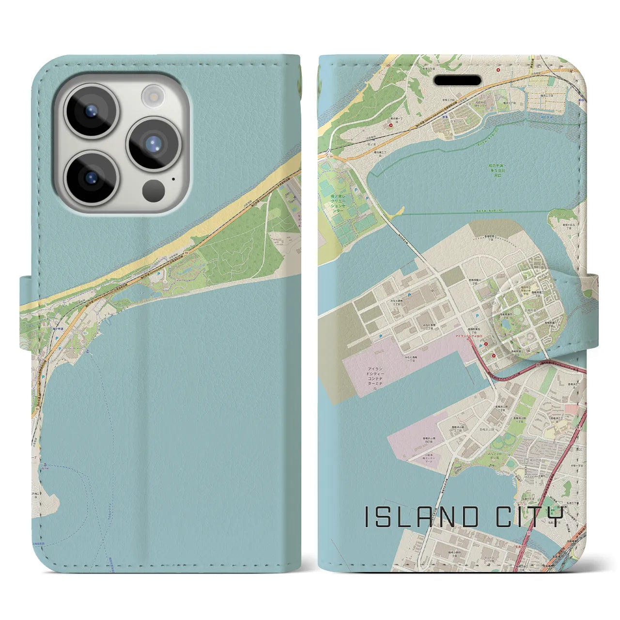 【アイランドシティ(福岡県)】地図柄iPhoneケース(手帳タイプ)ナチュラル・iPhone 15 Pro 用