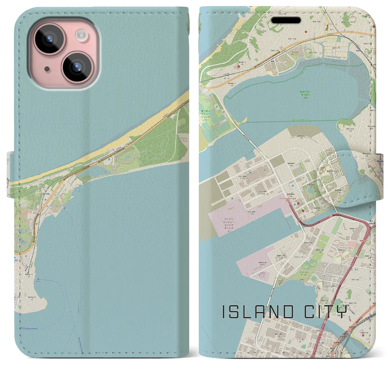 【アイランドシティ(福岡県)】地図柄iPhoneケース(手帳タイプ)ナチュラル・iPhone 15 Plus 用