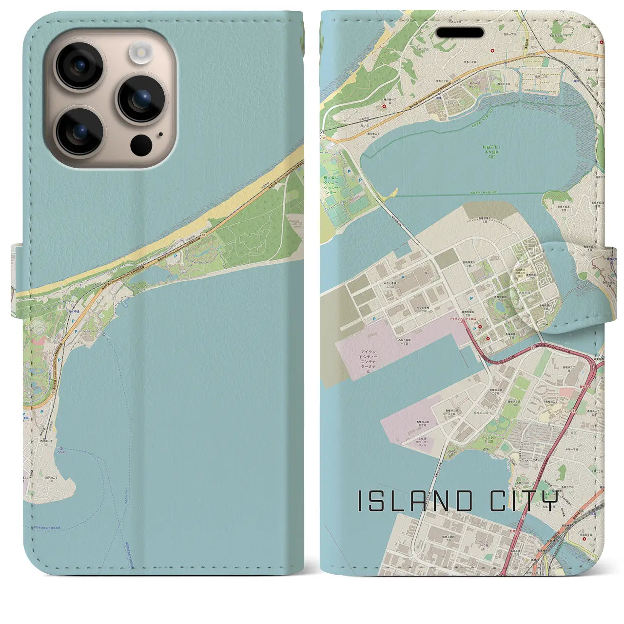 【アイランドシティ(福岡県)】地図柄iPhoneケース(手帳タイプ)ナチュラル・iPhone 16 Plus 用