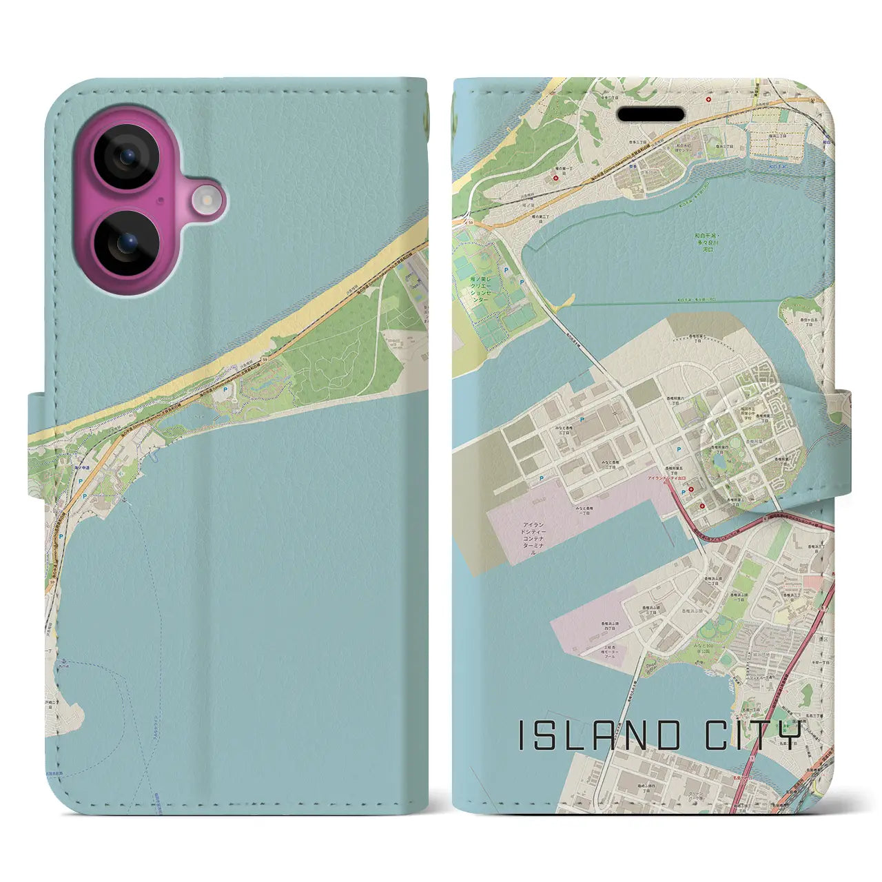 【アイランドシティ(福岡県)】地図柄iPhoneケース(手帳タイプ)ナチュラル・iPhone 16 Pro 用