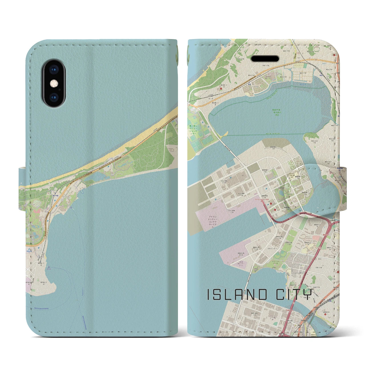 【アイランドシティ(福岡県)】地図柄iPhoneケース(手帳タイプ)ナチュラル・iPhone XS / X 用