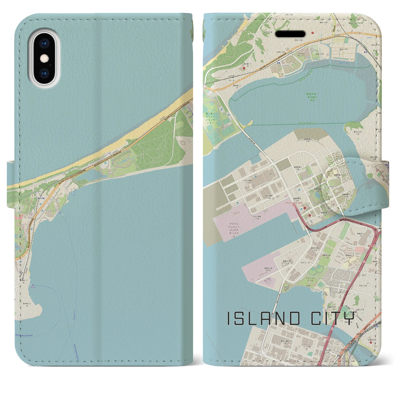 【アイランドシティ(福岡県)】地図柄iPhoneケース(手帳タイプ)ナチュラル・iPhone XS Max 用