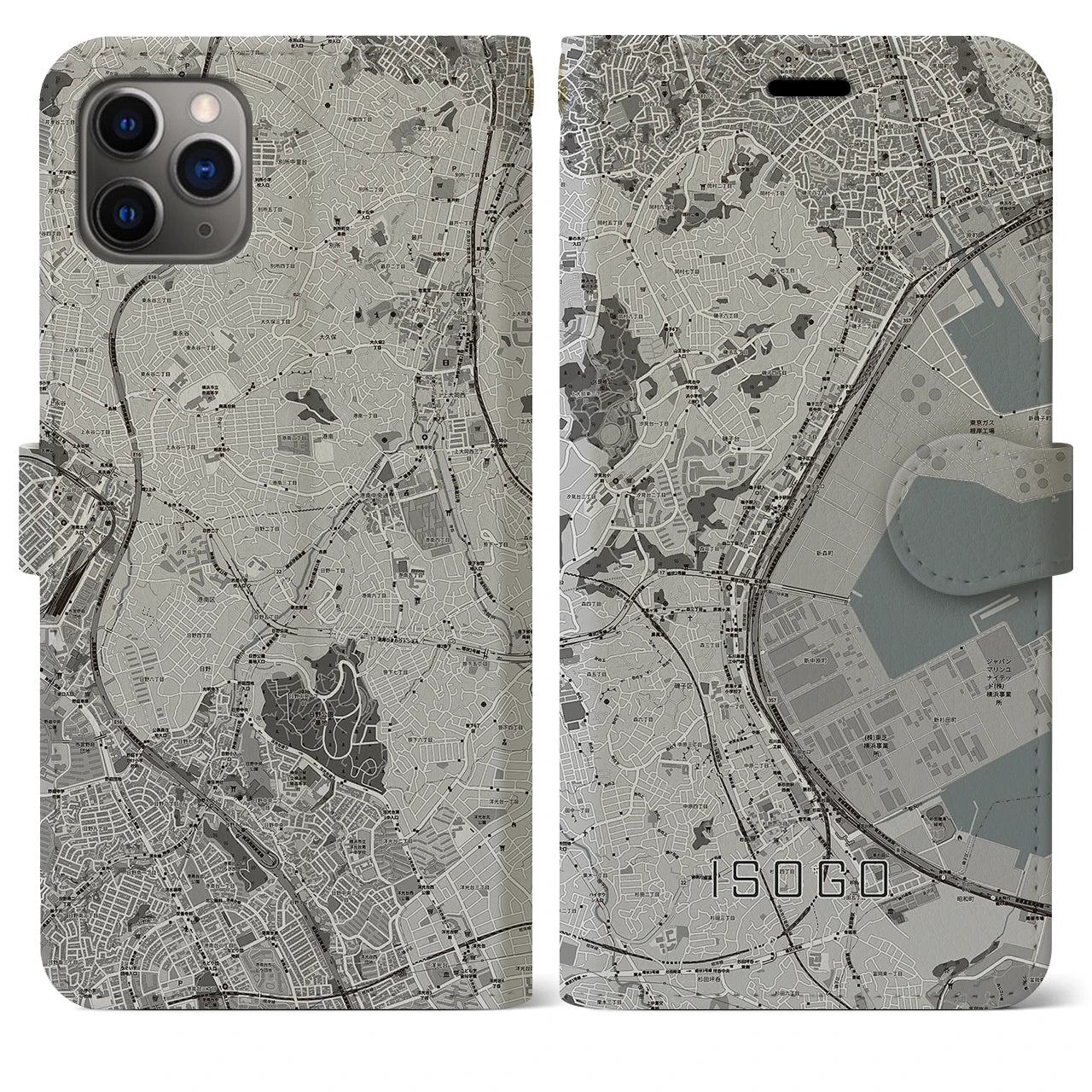【磯子(神奈川県)】地図柄iPhoneケース(手帳タイプ)モノトーン・iPhone 11 Pro Max 用